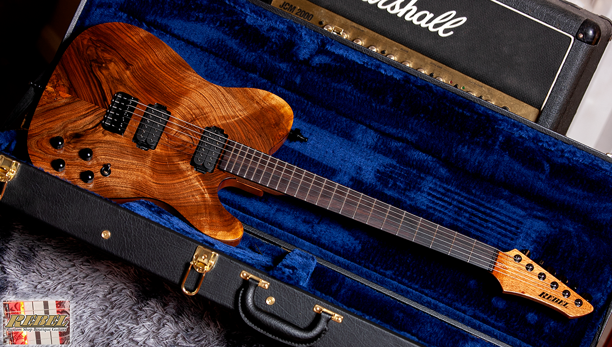 Rebel Custom Guitars Tele Shaped Body with Figured Walnut Top over Alder, Alpha-Omega Humbuckers - Image 6