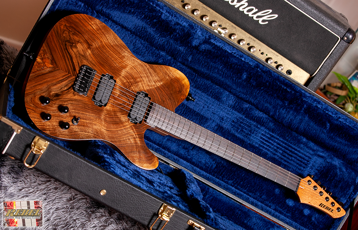 Rebel Custom Guitars Tele Shaped Body with Figured Walnut Top over Alder, Alpha-Omega Humbuckers - Image 8